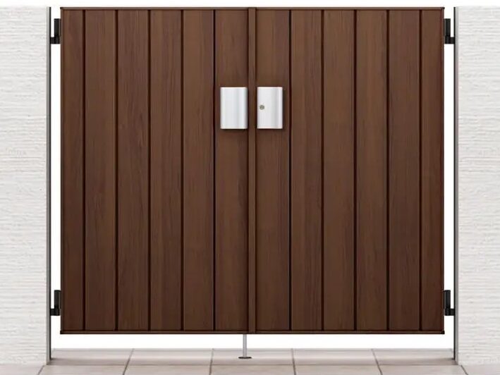 LIXIL　開き門扉AAシリーズ　TM1型（木調）【外構エクステリア商品】LIXIL　外構　門扉　アルミ形材　ラッピング形材　　 おしゃれ　エクステリア　愛知・名古屋の外構専門店パートナーホームのエクステリア製品一覧開き門扉AA クリエモカ 07-12 両開き アルミ形材柱使用 錠：プッシュプルUT錠（LS）|パートナーホーム