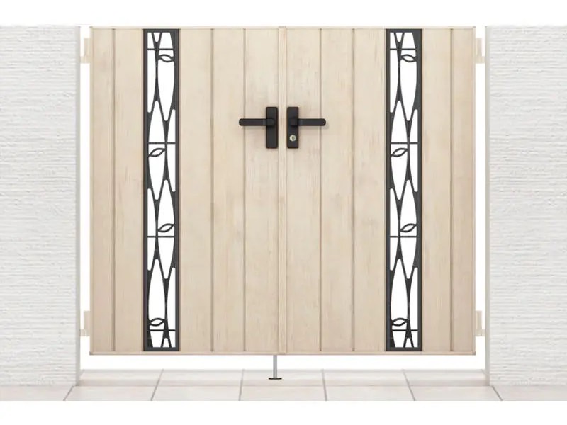 LIXIL　開き門扉AAシリーズ　TS2型（木調）【外構エクステリア商品】LIXIL　外構　門扉　アルミ形材　ラッピング形材　　 おしゃれ　エクステリア　愛知・名古屋の外構専門店パートナーホームのエクステリア製品一覧開き門扉AA　TS2型　エクリュアイボリー　07-12 両開き 鋳物パネル：リーフ アルミ形材柱使用 錠：シリンダーU錠（BK）|パートナーホーム