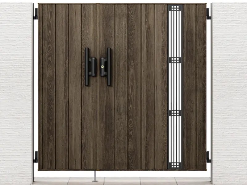 LIXIL　外構　門扉　アルミ形材　ラッピング形材　　 おしゃれ　エクステリア　愛知・名古屋の外構専門店パートナーホームのエクステリア製品一覧開き門扉AA　TS2型　ラスティックオーク　05・09-14 親子仕様鋳物パネル：格子柱使用 錠：プッシュプルRB錠（BK）|パートナーホーム