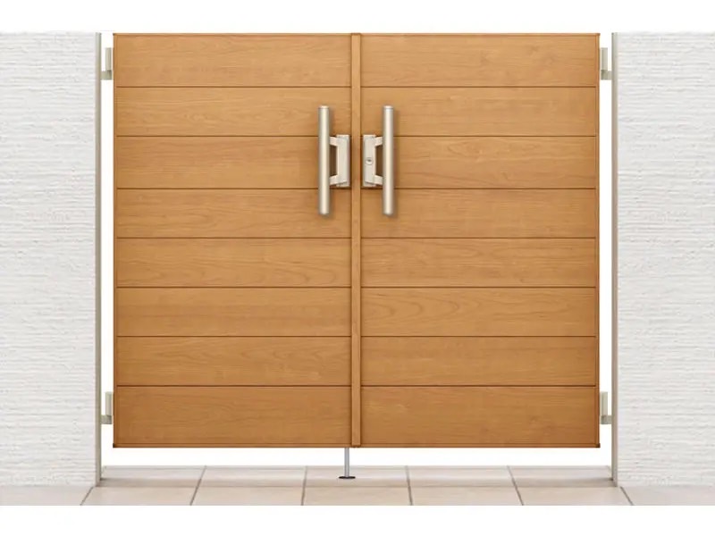 LIXIL　開き門扉AAシリーズ　YM1型（木調）【外構エクステリア商品】LIXIL　外構　門扉　アルミ形材　ラッピング形材　　 おしゃれ　エクステリア　愛知・名古屋の外構専門店パートナーホームのエクステリア製品一覧開き門扉AA　YM1型　（木調）　オーク 07-12 両開き アルミ形材柱使用 錠：シリンダーRJ錠（SC）|パートナーホーム