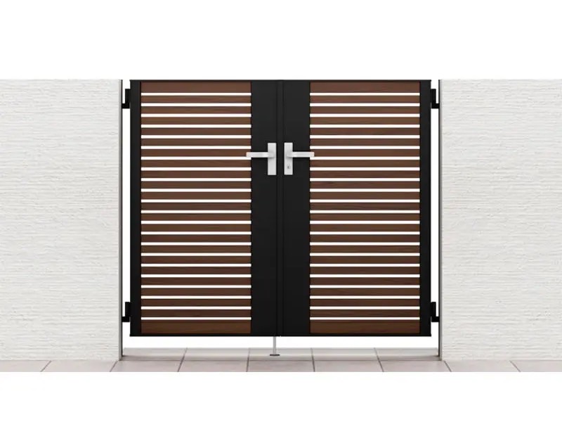 LIXIL　外構　門扉　アルミ形材　モダン　シンプル　 おしゃれ　エクステリア　愛知・名古屋の外構専門店パートナーホームのエクステリア製品一覧 開き門扉AB　ウッディYS1型　07-12 両開き ブラック+クリエモカ|パートナーホーム