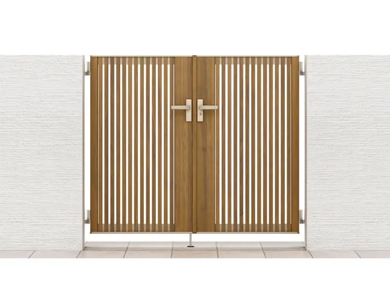 LIXIL　外構　門扉　アルミ形材　モダン　シンプル　 おしゃれ　エクステリア　愛知・名古屋の外構専門店パートナーホームのエクステリア製品一覧 開き門扉AB　ウッディTS1型 07-12 両開き シャイングレー+チェリーウッド|パートナーホーム