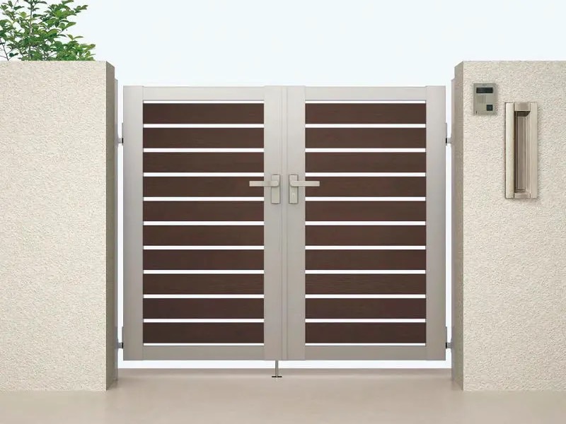 LIXIL　開き門扉ABシリーズ　ウッディYS3型・ウッディTS2型【外構エクステリア商品】LIXIL　外構　門扉　アルミ形材　モダン　シンプル　 おしゃれ　エクステリア　愛知・名古屋の外構専門店パートナーホームのエクステリア製品一覧 開き門扉AB　ウッディYS3型 07-12 両開き シャイングレー＋クリエダーク|パートナーホーム