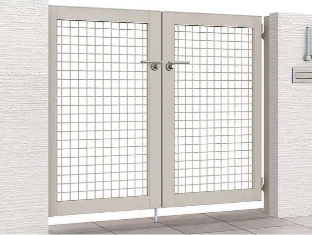 LIXIL　アルメッシュ門扉【外構エクステリア商品】LIXIL　外構　門扉　アルミ形材　モダン　シンプル　 おしゃれ　エクステリア　愛知・名古屋の外構専門店パートナーホームのエクステリア製品一覧 アルメッシュ門扉07-12 両開き 柱使用 シリンダーPA錠 シャイングレー|パートナーホーム