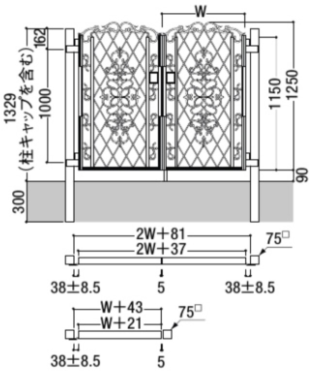 LIXIL　外構　門扉　アルミ鋳物門扉　モダン　 おしゃれ　エクステリア　愛知・名古屋の外構専門店パートナーホームのエクステリア製品一覧　キャスグレードシリーズ　双樹　寸法図|パートナーホーム