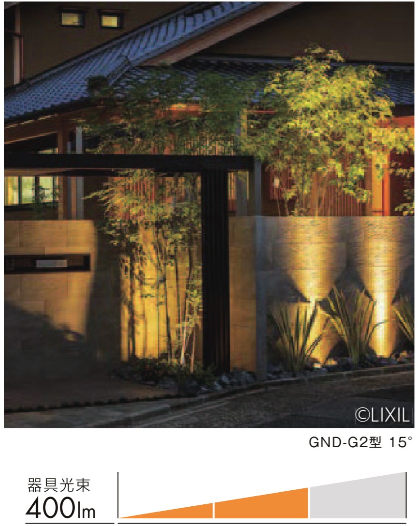 LIXIL　照明　外構　モダン　 おしゃれ　エクステリア　愛知・名古屋の外構専門店パートナーホームのエクステリア製品一覧　美彩　Ground Light　グランドライト　最もスタンダードな明るさで壁面やシンボルツリー（中木） までがライトアップの対象です。|パートナーホーム