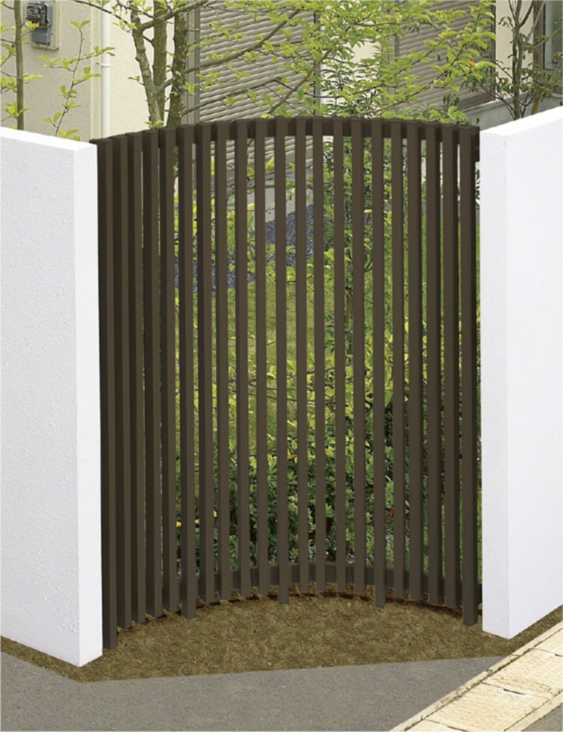 フェンス　外構　モダン　 おしゃれ　エクステリア　愛知・名古屋の外構専門店パートナーホームのエクステリア　製品一覧　空間創造スクリーン スリットラインフェンススタイル　35×55たて格子　アールタイプ　オータムブラウン|パートナーホーム