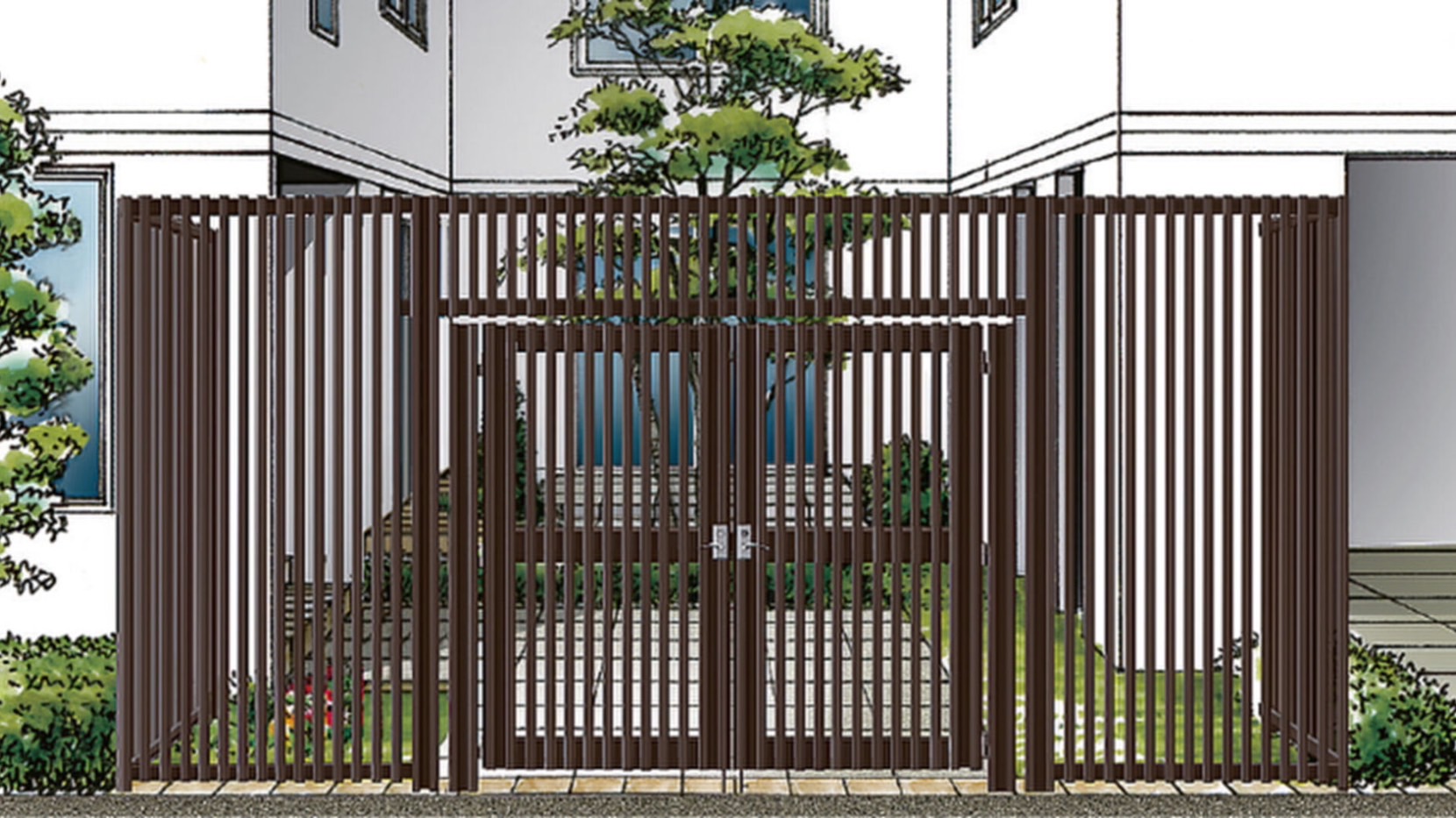 フェンス　外構　モダン　 おしゃれ　エクステリア　愛知・名古屋の外構専門店パートナーホームのエクステリア　製品一覧　空間創造スクリーン スリットラインフェンススタイル　アーチスタイル　専用門扉|パートナーホーム