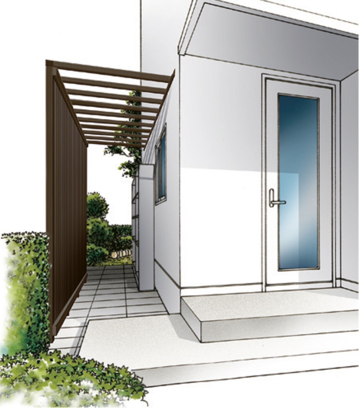 フェンス　外構　モダン　 おしゃれ　エクステリア　愛知・名古屋の外構専門店パートナーホームのエクステリア　製品一覧　空間創造スクリーン スリットライン　パーゴラスタイル　狭小地に 犬走りにパーゴラスタイルを使えば、敷地を有効に利用できます。プライバシーを守りながら通風が可能です。|パートナーホーム