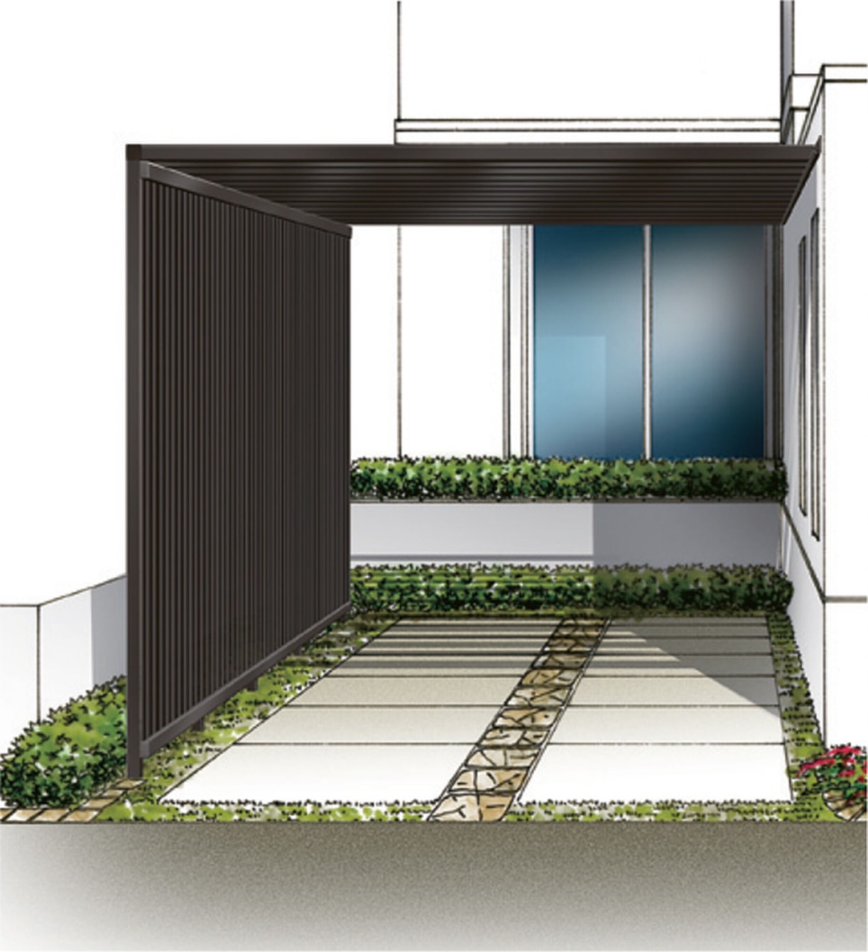 フェンス　外構　モダン　 おしゃれ　エクステリア　愛知・名古屋の外構専門店パートナーホームのエクステリア　製品一覧　空間創造スクリーン スリットライン　パーゴラスタイル　駐車スペースに 3mの垂木部材を使って、駐車スペースに。モダンな演出をすることが可能です。 ※垂木部材に屋根材を張ることは強度上できません。|パートナーホーム