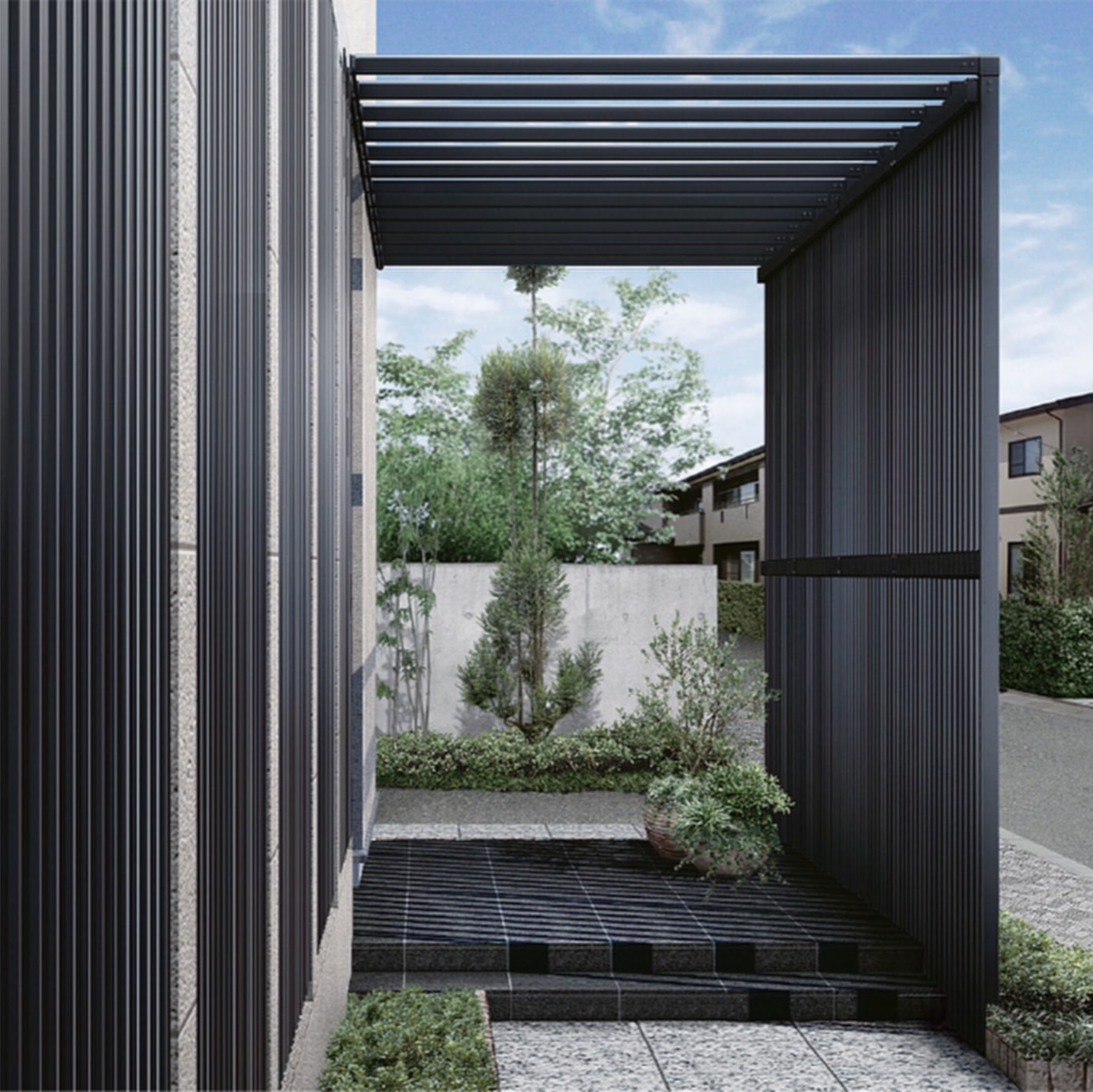 フェンス　外構　モダン　 おしゃれ　エクステリア　愛知・名古屋の外構専門店パートナーホームのエクステリア　製品一覧　空間創造スクリーン スリットライン　パーゴラスタイル|パートナーホーム