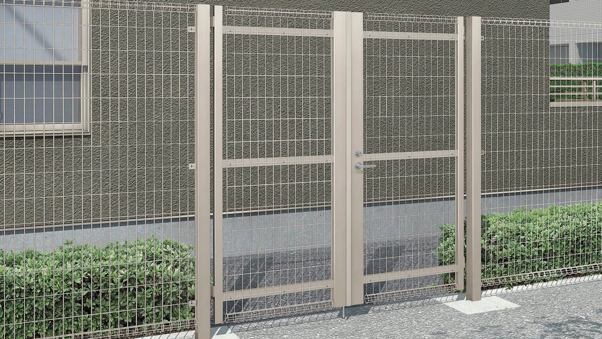 フェンス　スチール　ステンレス　外構　モダン　 おしゃれ　エクステリア　愛知・名古屋の外構専門店パートナーホームのエクステリア　製品一覧　ハイグリッド門扉NF1型　主要素材　シャイングレー 09-20 両開き レバー式内蔵錠使用 ハイグリッドフェンスＮ１型|パートナーホーム