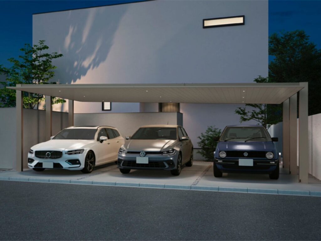 LIXIL　カーポートSC　3台用【外構エクステリア商品】すっきりとした3台用で、住まいの顔をスマートに。 重厚になりがちな3台用も、SCならすっきりとした軽快な印象に。 ミニマルなデザインがファサードに一体感をもたらし、住まいの顔をスマートに演出します。　LIXIL　カーポート　外構　モダン　 おしゃれ　エクステリア　愛知・名古屋の外構専門店パートナーホームのエクステリア　製品一覧　カーポートSC　|パートナーホーム