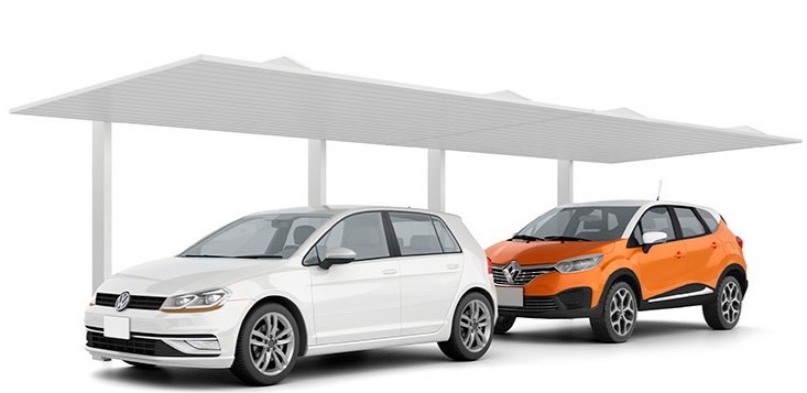 LIXIL　カーポート　外構　モダン　 おしゃれ　エクステリア　愛知・名古屋の外構専門店パートナーホームのエクステリア　製品一覧　カーポートSC　1台用　【縦2連棟】27-50型 柱・梁：ナチュラルシルバーF 屋根材：ナチュラルシルバーF|パートナーホーム