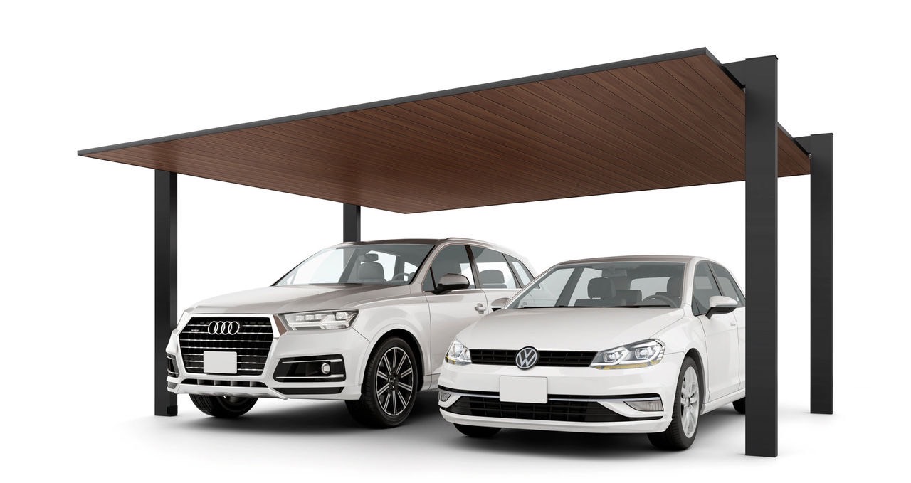 LIXIL　カーポート　外構　モダン　 おしゃれ　エクステリア　愛知・名古屋の外構専門店パートナーホームのエクステリア　製品一覧　カーポートSC　2台用　54-50型 柱・梁：ブラック 屋根材：ブラック+クリエモカ|パートナーホーム