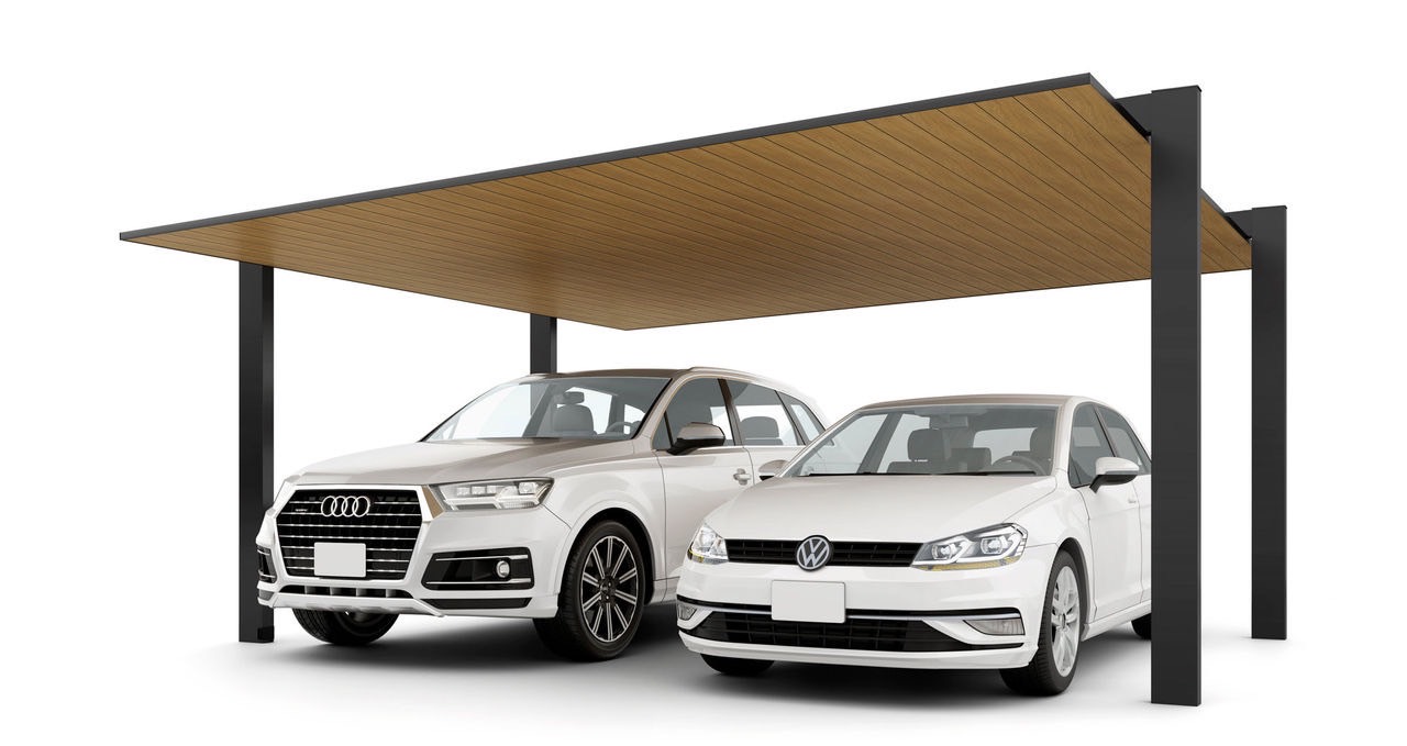 LIXIL　カーポート　外構　モダン　 おしゃれ　エクステリア　愛知・名古屋の外構専門店パートナーホームのエクステリア　製品一覧　カーポートSC　2台用　54-50型 柱・梁：ブラック 屋根材：ブラック+チェリーウッド|パートナーホーム