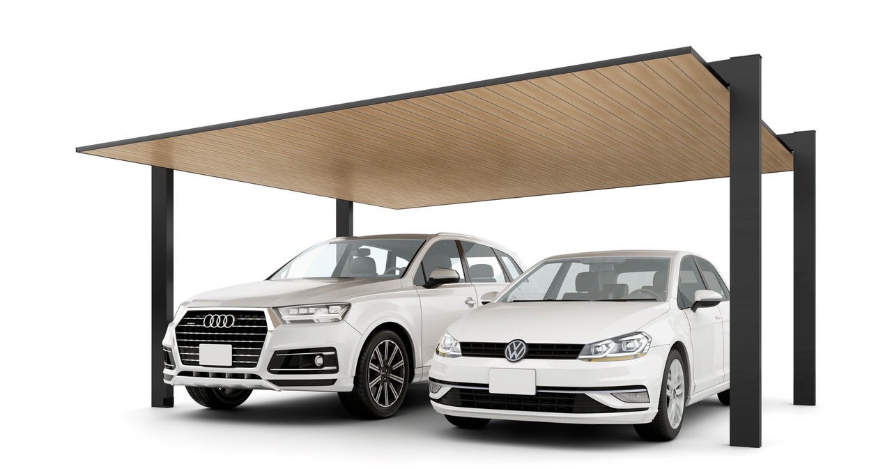 LIXIL　カーポート　外構　モダン　 おしゃれ　エクステリア　愛知・名古屋の外構専門店パートナーホームのエクステリア　製品一覧　カーポートSC　2台用　54-50型 柱・梁：ブラック 屋根材：ブラック+オーク|パートナーホーム