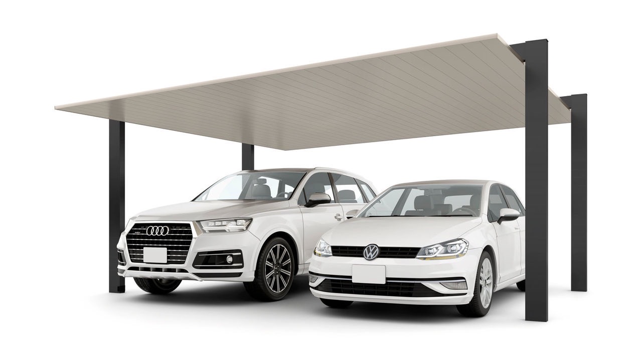 LIXIL　カーポート　外構　モダン　 おしゃれ　エクステリア　愛知・名古屋の外構専門店パートナーホームのエクステリア　製品一覧　カーポートSC　2台用　54-50型 柱・梁：ブラック 屋根材：シャイングレーF|パートナーホーム