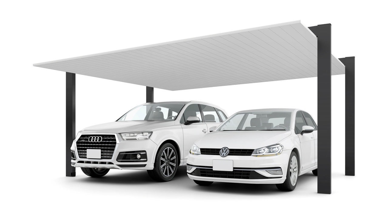 LIXIL　カーポート　外構　モダン　 おしゃれ　エクステリア　愛知・名古屋の外構専門店パートナーホームのエクステリア　製品一覧　カーポートSC　2台用　54-50型 柱・梁：ブラック 屋根材：ナチュラルシルバー|パートナーホーム