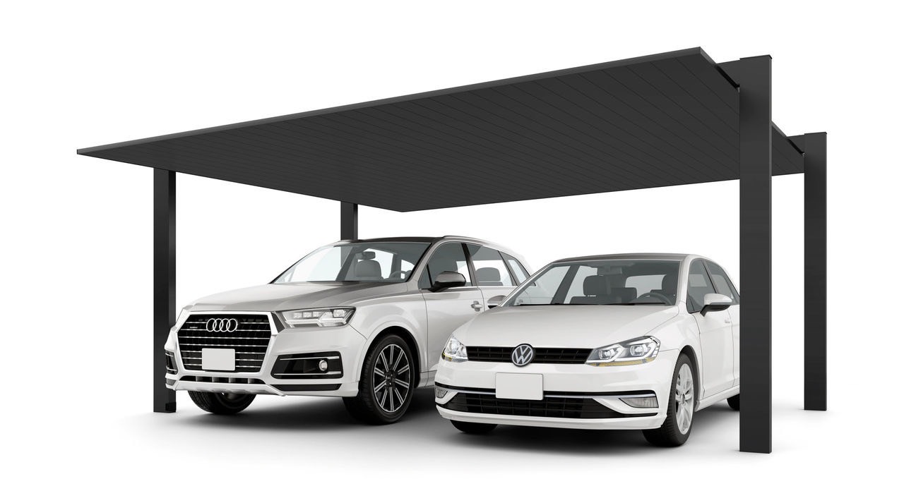 LIXIL　カーポート　外構　モダン　 おしゃれ　エクステリア　愛知・名古屋の外構専門店パートナーホームのエクステリア　製品一覧　カーポートSC　2台用　54-50型 柱・梁：ダスクグレー 屋根材：ダスクグレー|パートナーホーム