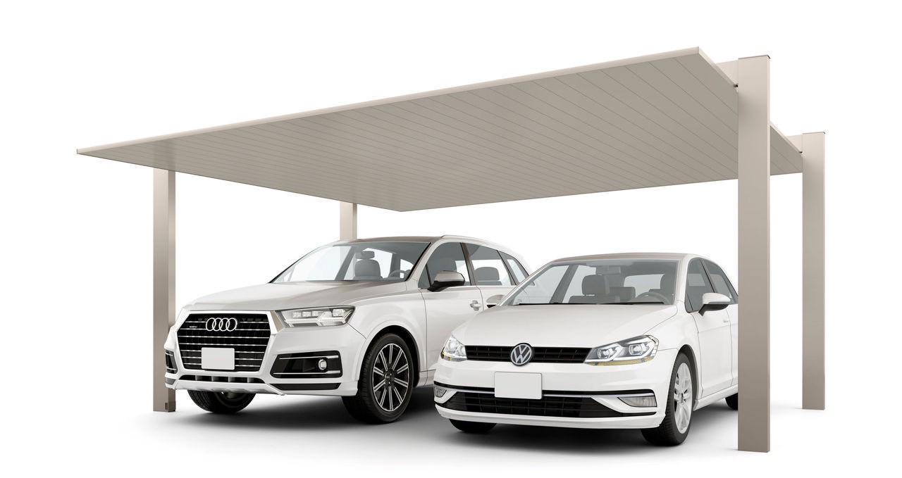 LIXIL　カーポート　外構　モダン　 おしゃれ　エクステリア　愛知・名古屋の外構専門店パートナーホームのエクステリア　製品一覧　カーポートSC　2台用　54-50型 柱・梁：シャイングレーF 屋根材：シャイングレーF|パートナーホーム