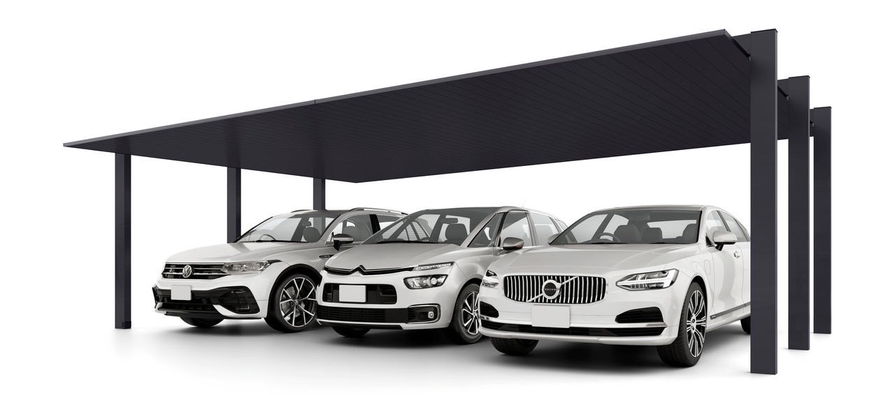 LIXIL　カーポート　外構　モダン　 おしゃれ　エクステリア　愛知・名古屋の外構専門店パートナーホームのエクステリア　製品一覧　カーポートSC　3台用　81-50型 柱・梁：ブラック 屋根材：ブラック|パートナーホーム