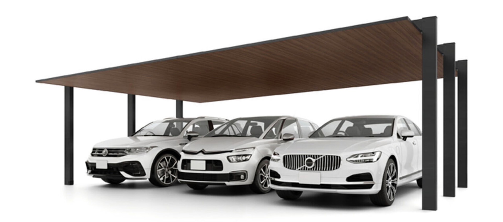 LIXIL　カーポート　外構　モダン　 おしゃれ　エクステリア　愛知・名古屋の外構専門店パートナーホームのエクステリア　製品一覧　カーポートSC　3台用　81-50型 柱・梁：ブラック 屋根材：ブラック+クリエモカ|パートナーホーム