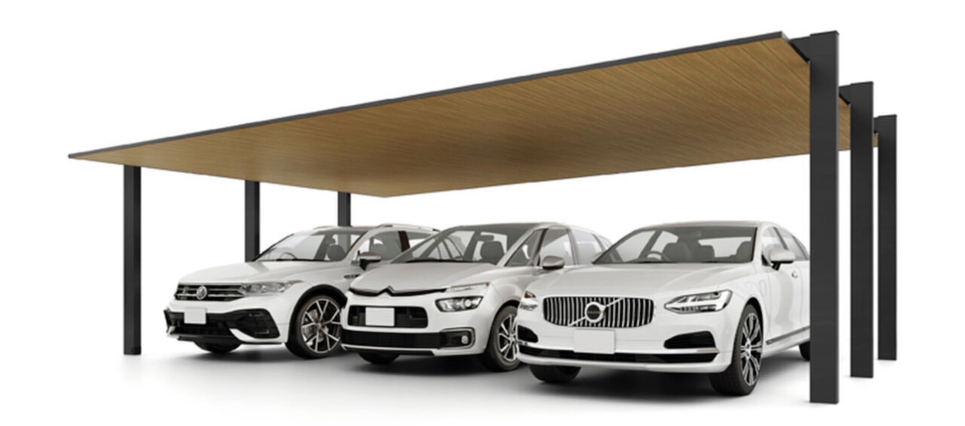 LIXIL　カーポート　外構　モダン　 おしゃれ　エクステリア　愛知・名古屋の外構専門店パートナーホームのエクステリア　製品一覧　カーポートSC　3台用　81-50型 柱・梁：ブラック 屋根材：ブラック+チェリーウッド|パートナーホーム