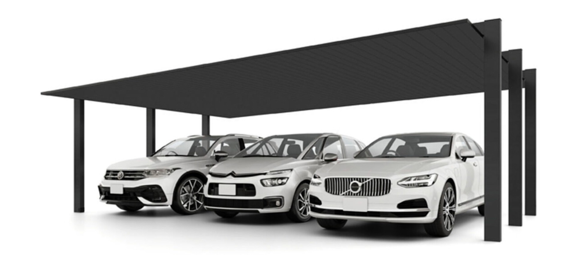 LIXIL　カーポート　外構　モダン　 おしゃれ　エクステリア　愛知・名古屋の外構専門店パートナーホームのエクステリア　製品一覧　カーポートSC　3台用　81-50型 柱・梁：ダスクグレー 屋根材：ダスクグレー|パートナーホーム