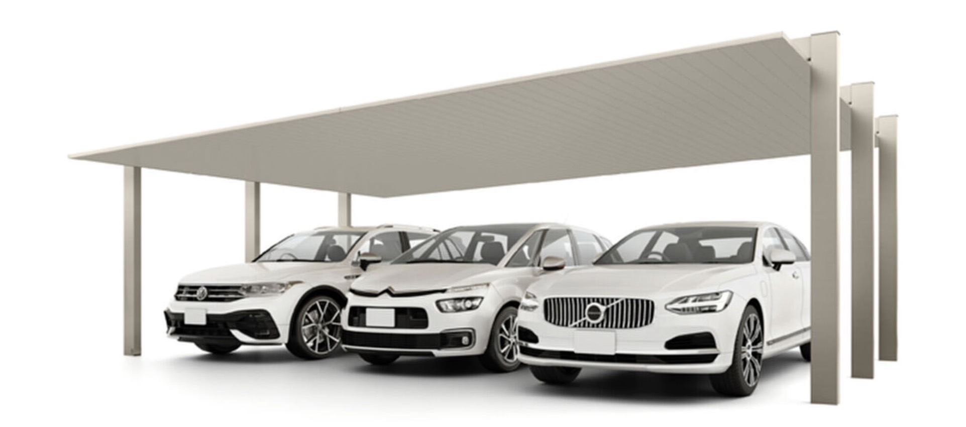 LIXIL　カーポート　外構　モダン　 おしゃれ　エクステリア　愛知・名古屋の外構専門店パートナーホームのエクステリア　製品一覧　カーポートSC　3台用　81-50型 柱・梁：シャイングレーF 屋根材：シャイングレーF|パートナーホーム