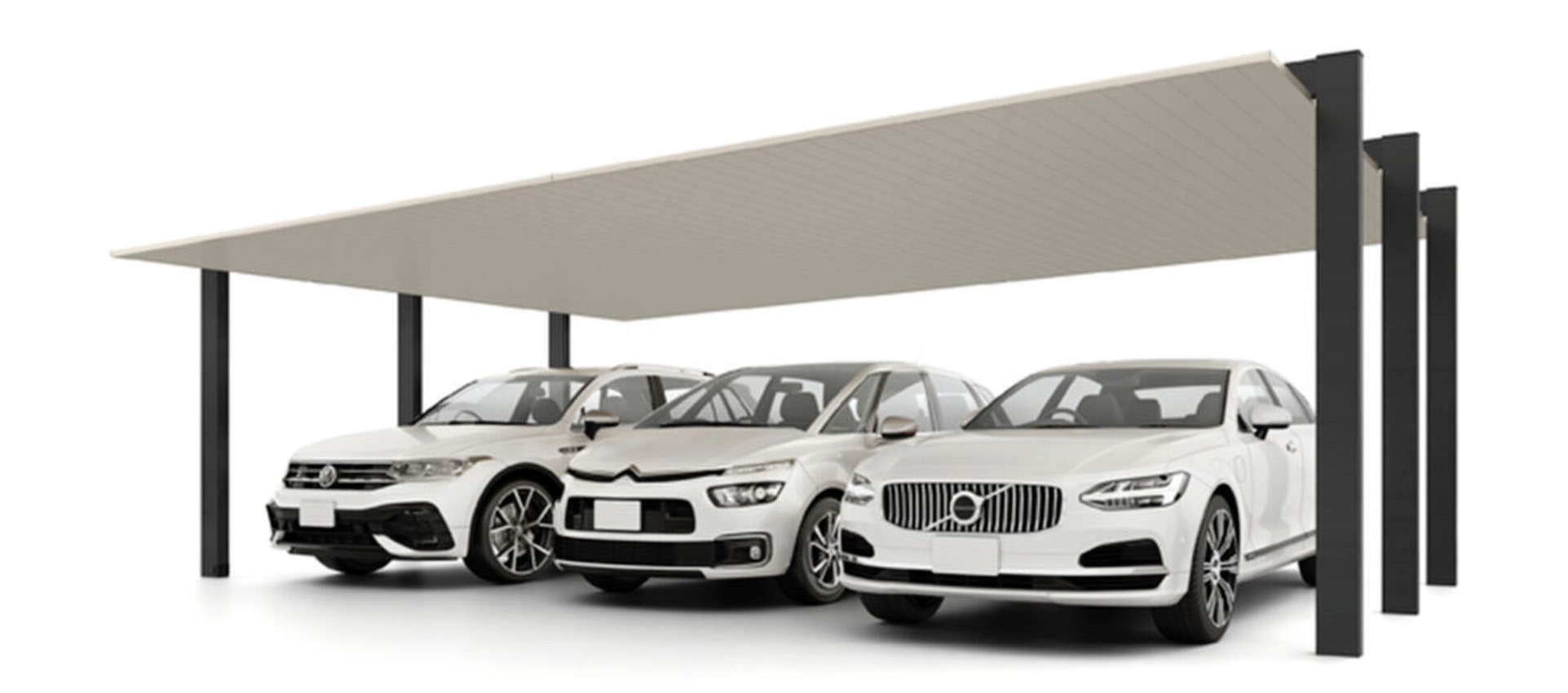 LIXIL　カーポート　外構　モダン　 おしゃれ　エクステリア　愛知・名古屋の外構専門店パートナーホームのエクステリア　製品一覧　カーポートSC　3台用　81-50型 柱・梁：ブラック 屋根材：シャイングレーF|パートナーホーム