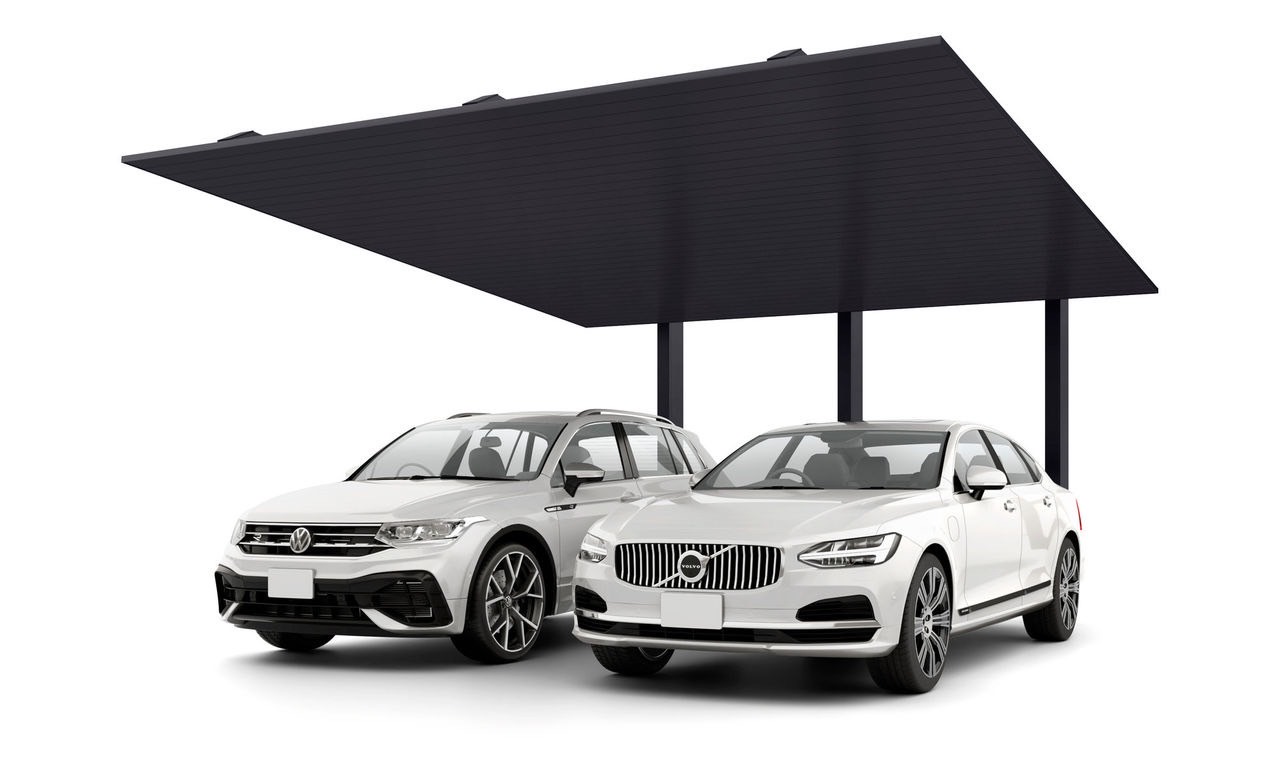 LIXIL　カーポート　外構　モダン　 おしゃれ　エクステリア　愛知・名古屋の外構専門店パートナーホームのエクステリア　製品一覧　カーポートSC　後方支持 2台用　50-55型 柱・梁：ブラック 屋根材：ブラック|パートナーホーム