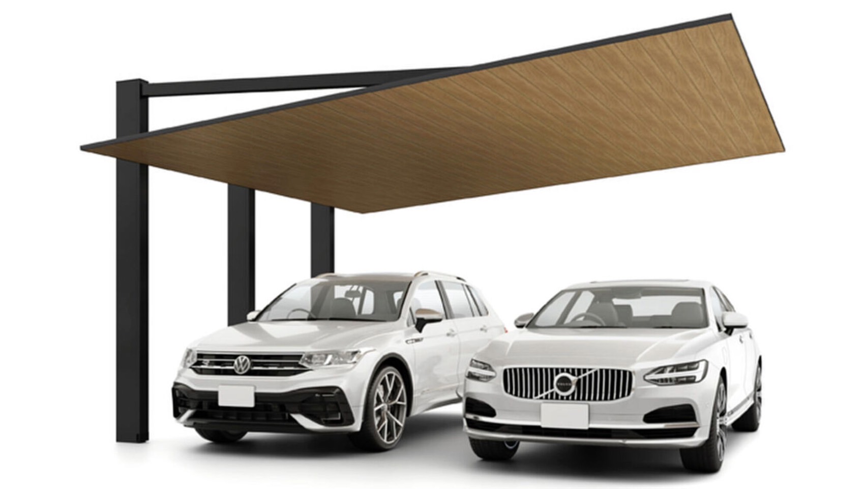 LIXIL　カーポート　外構　モダン　 おしゃれ　エクステリア　愛知・名古屋の外構専門店パートナーホームのエクステリア　製品一覧　カーポートSC　後方支持 2台用　50-55型 柱・梁：ブラック 屋根材：ブラック+チェリーウッド|パートナーホーム