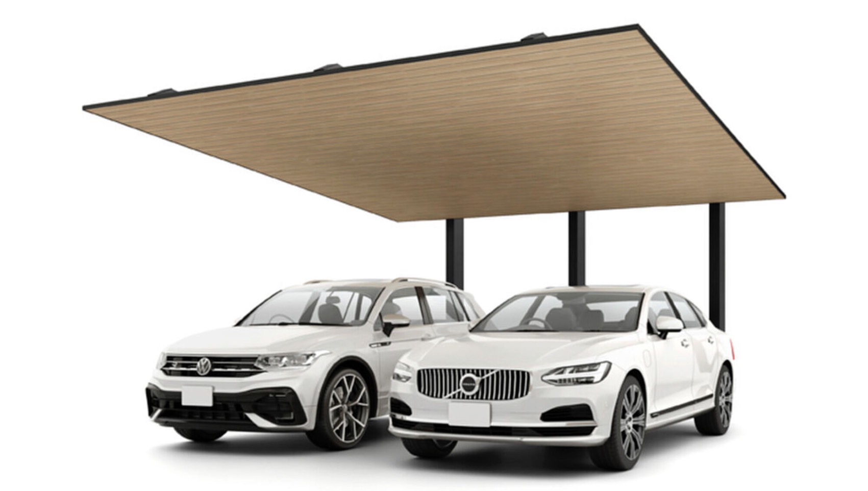 LIXIL　カーポート　外構　モダン　 おしゃれ　エクステリア　愛知・名古屋の外構専門店パートナーホームのエクステリア　製品一覧　カーポートSC　後方支持 2台用　50-55型 柱・梁：ブラック 屋根材：ブラック+オーク|パートナーホーム