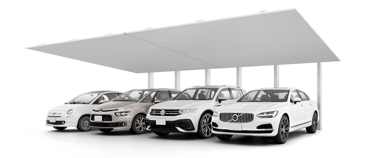 LIXIL　カーポート　外構　モダン　 おしゃれ　エクステリア　愛知・名古屋の外構専門店パートナーホームのエクステリア　製品一覧　カーポートSC　後方支持 2台用　50-55型（横2連棟） 柱・梁：ナチュラルシルバーF 屋根材：ナチュラルシルバーF|パートナーホーム