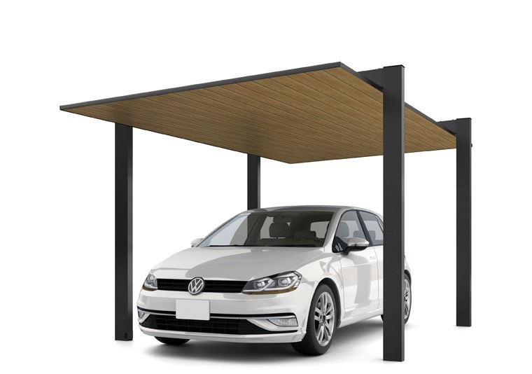 LIXIL　カーポート　外構　モダン　 おしゃれ　エクステリア　愛知・名古屋の外構専門店パートナーホームのエクステリア　製品一覧　カーポートSC1500　1台用　30-50型 柱・梁：ブラック 屋根材：ブラック+チェリーウッド|パートナーホーム