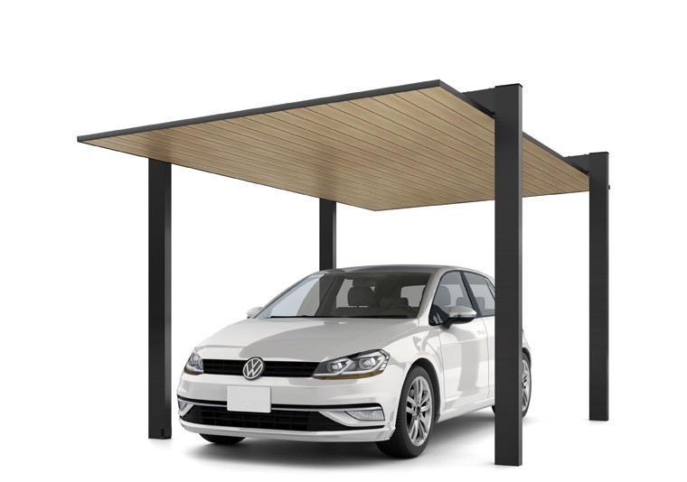 LIXIL　カーポート　外構　モダン　 おしゃれ　エクステリア　愛知・名古屋の外構専門店パートナーホームのエクステリア　製品一覧　カーポートSC1500　1台用　30-50型 柱・梁：ブラック 屋根材：ブラック+オーク|パートナーホーム