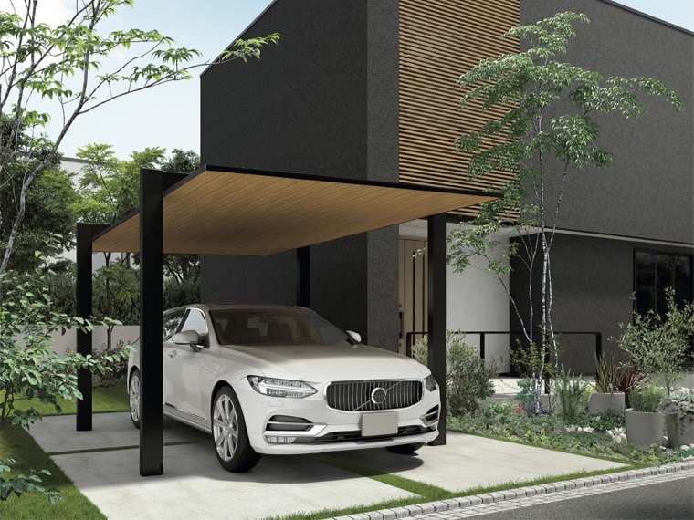 LIXIL　カーポートSC　1500　1台【外構エクステリア商品】|LIXIL　カーポート　外構　モダン　 おしゃれ　エクステリア　愛知・名古屋の外構専門店パートナーホームのエクステリア　製品一覧　カーポートSC1500　1台用　42-50型 柱・梁：ブラック 屋根材：ブラック＋チェリーウッド＋デザイン格子：ブラック|パートナーホーム