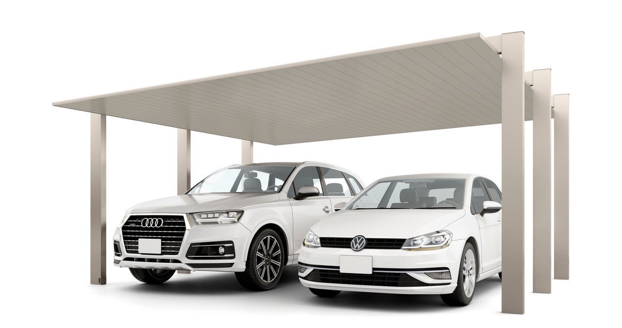LIXIL　カーポート　外構　モダン　 おしゃれ　エクステリア　愛知・名古屋の外構専門店パートナーホームのエクステリア　製品一覧　カーポートSC1500　2台用　54-50型 柱・梁：シャイングレーF 屋根材：シャイングレーF|パートナーホーム