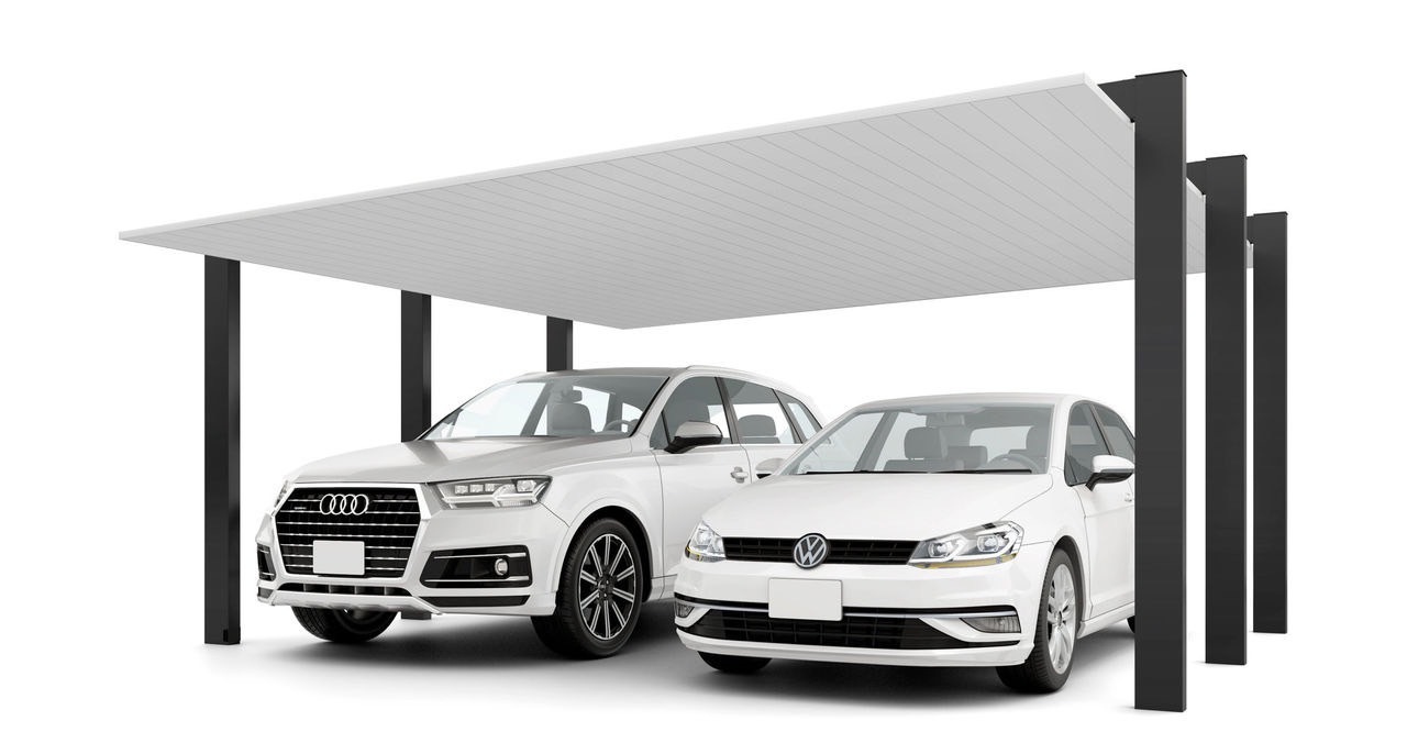 LIXIL　カーポート　外構　モダン　 おしゃれ　エクステリア　愛知・名古屋の外構専門店パートナーホームのエクステリア　製品一覧　カーポートSC1500　2台用　54-50型 柱・梁：ブラック 屋根材：ナチュラルシルバーF|パートナーホーム