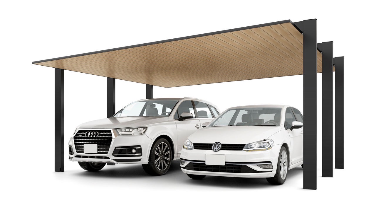 LIXIL　カーポート　外構　モダン　 おしゃれ　エクステリア　愛知・名古屋の外構専門店パートナーホームのエクステリア　製品一覧　カーポートSC1500　2台用　54-50型 柱・梁：ブラック 屋根材：ブラック+オーク|パートナーホーム