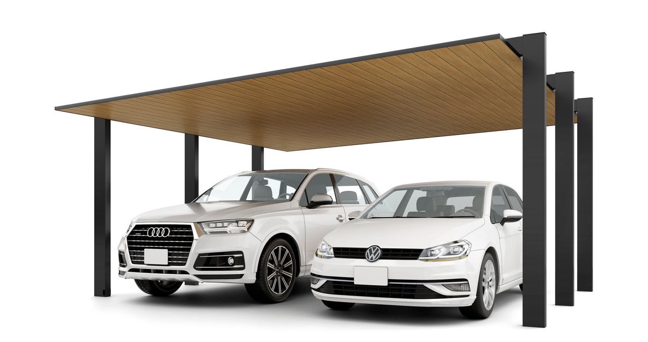 LIXIL　カーポート　外構　モダン　 おしゃれ　エクステリア　愛知・名古屋の外構専門店パートナーホームのエクステリア　製品一覧　カーポートSC1500　2台用　54-50型 柱・梁：ブラック 屋根材：ブラック+チェリーウッド|パートナーホーム