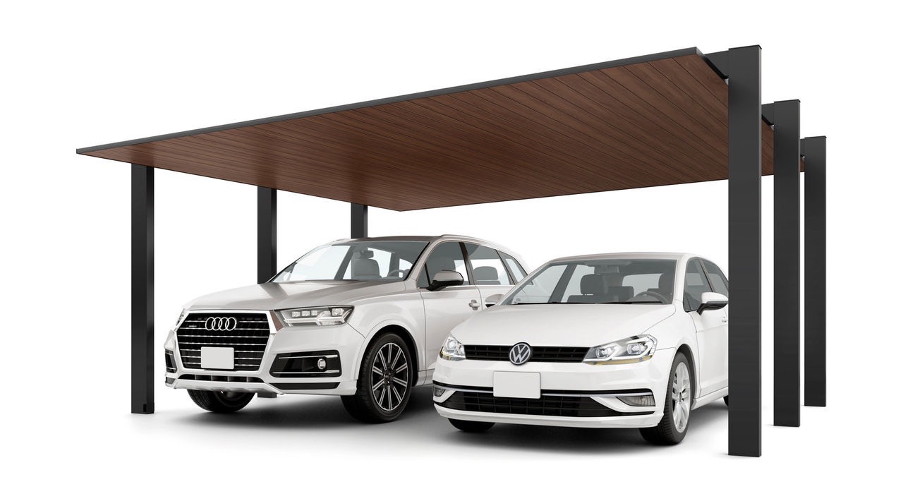 LIXIL　カーポート　外構　モダン　 おしゃれ　エクステリア　愛知・名古屋の外構専門店パートナーホームのエクステリア　製品一覧　カーポートSC1500　2台用　54-50型 柱・梁：ブラック 屋根材：ブラック+クリエモカ|パートナーホーム