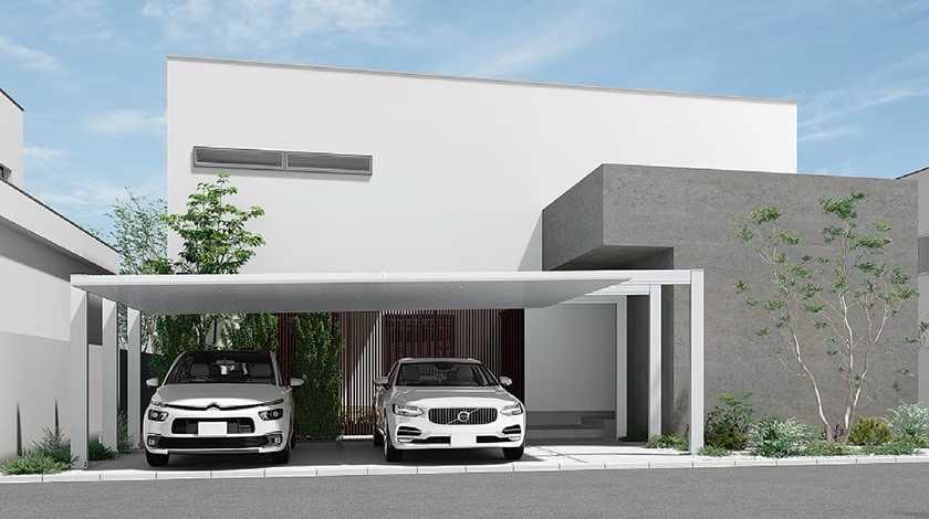 敷地や使い勝手に合わせて「梁延長」が可能。 カーポートSC2台用・3台用は梁の延長が可能になりました。通常の位置に柱を設置できない場合や駐車スペースをより広く確保したい場合、ゆとりをもってクルマを出し入れしたい際などにおすすめです。 LIXIL　カーポート　外構　モダン　 おしゃれ　エクステリア　愛知・名古屋の外構専門店パートナーホームのエクステリア　製品一覧　カーポートSC　|パートナーホーム