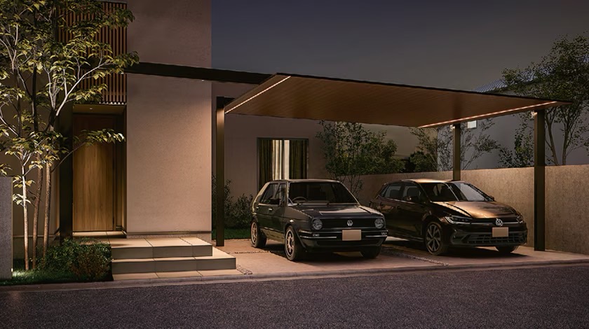 LIXIL　カーポート　外構　モダン　 おしゃれ　エクステリア　愛知・名古屋の外構専門店パートナーホームのエクステリア　製品一覧　カーポートSC　SC 2台用 梁延長：1本梁延長 60-50型 梁延長W90 柱・梁：ブラック／屋根材：クリエモカ／梁延長部：ダウンライト／屋根部：シームレスラインライト|パートナーホーム