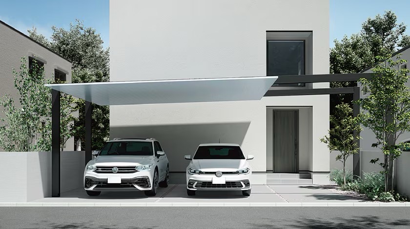 LIXIL　カーポート　外構　モダン　 おしゃれ　エクステリア　愛知・名古屋の外構専門店パートナーホームのエクステリア　製品一覧　カーポートSC　梁を延長してエントランスゲートに。|パートナーホーム