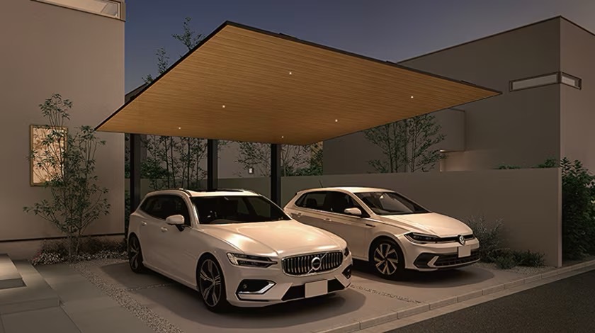 LIXIL　カーポート　外構　モダン　 おしゃれ　エクステリア　愛知・名古屋の外構専門店パートナーホームのエクステリア　製品一覧　カーポートSC　SC 後方支持 2台用：50-55型 柱・梁・吊部材：ブラック／屋根材：ブラック+オーク／ダウンライト|パートナーホーム