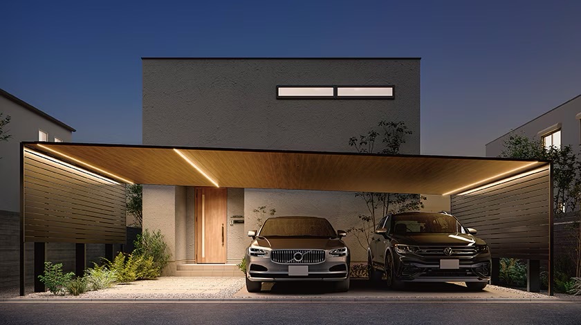 LIXIL　カーポート　外構　モダン　 おしゃれ　エクステリア　愛知・名古屋の外構専門店パートナーホームのエクステリア　製品一覧　カーポートSC　SC 3台用：90-57型 柱・梁：ブラック／屋根材：ブラック+チェリーウッド／サイドスクリーン：ブラック／シームレスラインライト|パートナーホーム