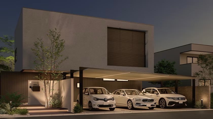 LIXIL　カーポート　外構　モダン　 おしゃれ　エクステリア　愛知・名古屋の外構専門店パートナーホームのエクステリア　製品一覧　カーポートSC　SC 3台用：90-57型 柱・梁：ブラック／屋根材：ナチュラルシルバーF／シームレスラインライト|パートナーホーム