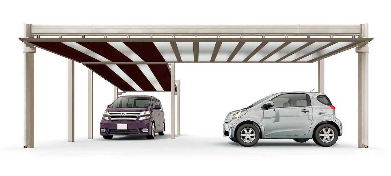 LIXIL　カーポート　外構　モダン　 おしゃれ　エクステリア　愛知・名古屋の外構専門店パートナーホームのエクステリア　製品一覧　アーキフィールド　カールーフ　シャイングレー＋クリエダーク 79-30型（ゼブラ3スパン＋標準11スパン仕様）＋30-50型（ゼブラ3スパン＋標準2スパン仕様）|パートナーホーム